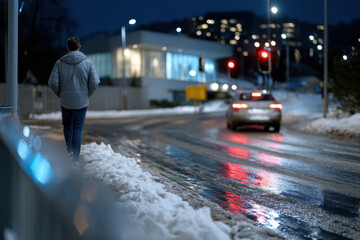 An individual walks along a snowy road during the evening, emphasizing feelings of peace and contemplation in a bustling urban setting with vibrant reflections on the road.