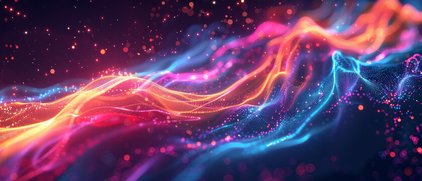 Bright, glowing streams of energy intertwine in outer space, creating a dynamic backdrop for presentations on technological innovations and scientific discoveries.