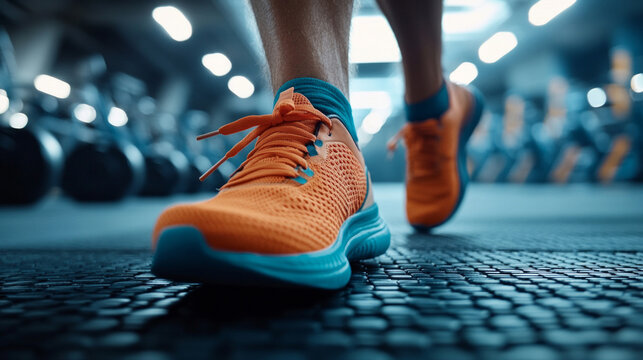 Feet in bright trainers on a treadmill in a gym convey the dynamism of training — an excellent visual backdrop for advertising sports shoes or a fitness club.