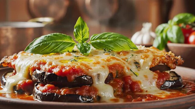 Delicious eggplant parmigiana with basil garnish melted cheese