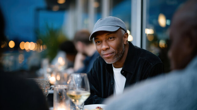 A contemplative moment at dinner, where a man reflects on his thoughts, contrasting the lively atmosphere of conversation and dining with personal introspection.