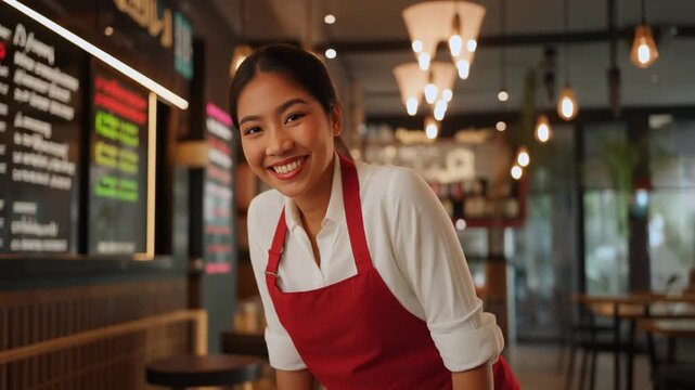 Portrait of Happy Young Asian Woman in Red Apron Smiling at Camera in Coffee Shop