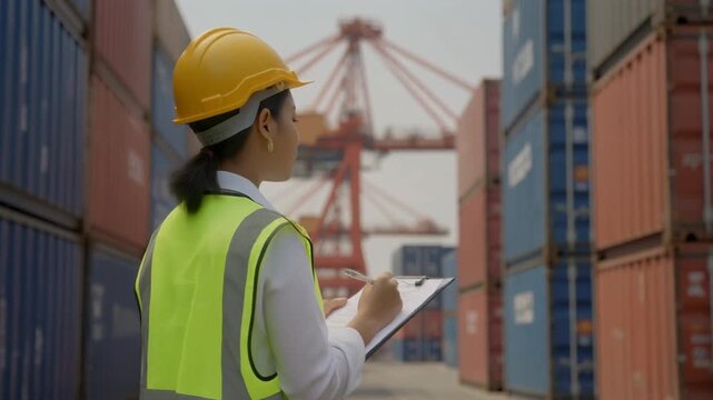 Woman cargo manager in safety vest and hard hat checking container inventory at port with cranes