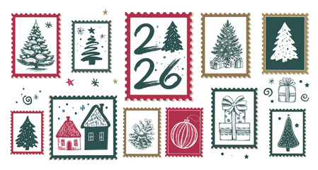 Hand-Drawn Festive Winter Stamps Collection, New Year 2026	
