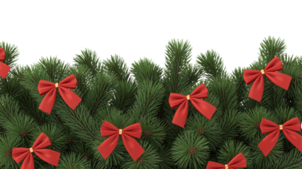 Festive green fir tree branches adorned with numerous small bright red satin bows creating a beautiful holiday garland border isolated on transparent background