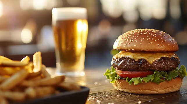 Golden hour feast: Juicy burger, crisp fries, and refreshing beer on a wooden table. Savor the simple pleasures of life with this classic combo. Pure delight!
