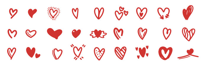 A diverse collection of hand-drawn doodle heart icons featuring various artistic styles and expressive designs. Each heart is crafted with authentic freehand sketch