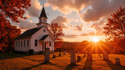 Naklejka premium Serene church surrounded by gravestones at sunset, with vibrant autumn foliage and warm glow illuminating scene