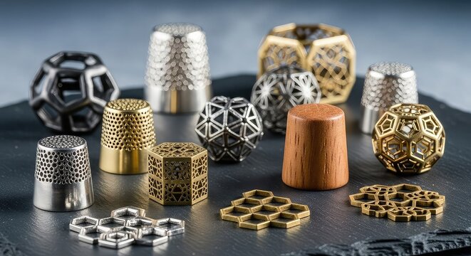 A collection of intricately designed thimbles and geometric metal objects arranged on a dark slate surface.
