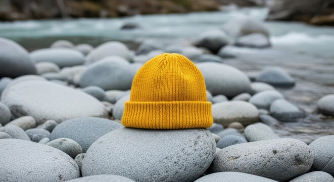 Yellow knit beanie on river rocks by a flowing stream - Powered by Adobe