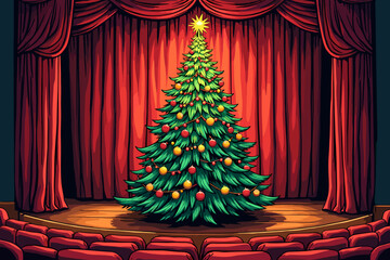 Christmas tree on stage with festive decorations and red curtains