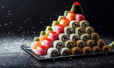 Sushi rolls and sashimi arranged in a christmas tree shape, celebrating the holiday season with delicious japanese cuisine