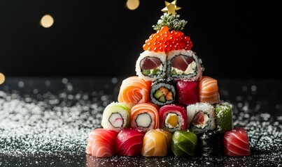 Creative sushi rolls and nigiri forming a christmas tree, topped with red caviar and a star, celebrating holiday season
