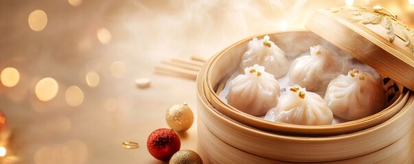 Steaming dumplings in a bamboo steamer with festive christmas decorations and bokeh lights, creating a warm holiday atmosphere