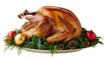 Deliciously golden brown roasted whole turkey centerpiece for a festive holiday meal surrounded by fresh green herbs and christmas ornaments isolated on transparent background