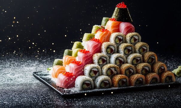 Sushi rolls and sashimi arranged in a christmas tree shape, celebrating the holiday season with delicious japanese cuisine