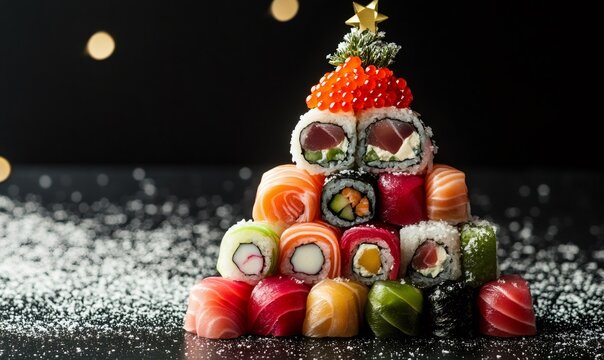 Creative sushi rolls and nigiri forming a christmas tree, topped with red caviar and a star, celebrating holiday season