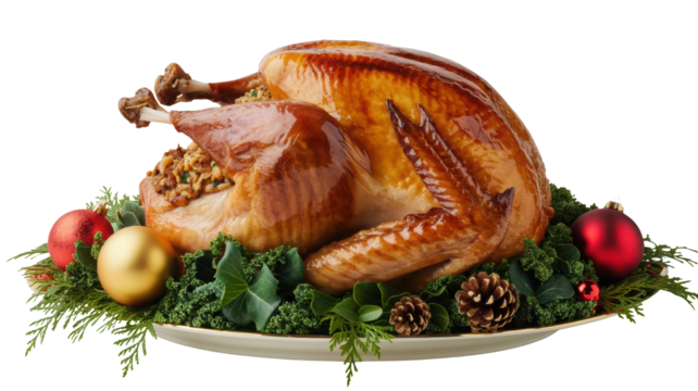 Deliciously golden brown roasted whole turkey centerpiece for a festive holiday meal surrounded by fresh green herbs and christmas ornaments isolated on transparent background