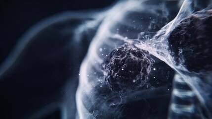 Close-up view of a blurred lung MRI scan, concerning presence of tumorous lesions and vascular anomalies, particularly focusing on the detection and identification of abnormal growths 