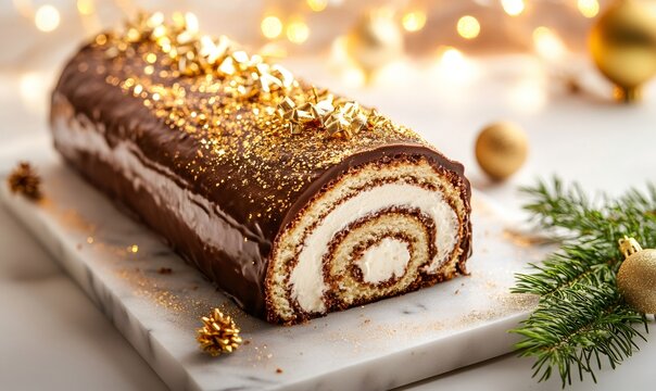 Chocolate yule log cake serving for christmas celebrations. Festive winter holiday dessert with creamy filling and edible gold decorations
