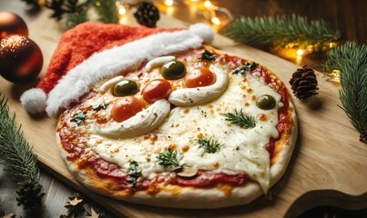 Creative santa claus face pizza with mozzarella beard and cherry tomato nose, ready for a fun christmas holiday meal