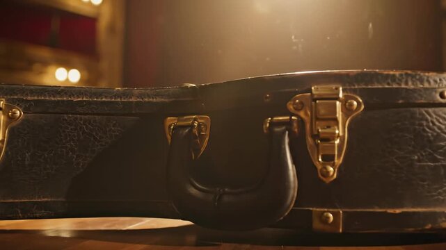 Lonely violin case on dimly lit stage floor