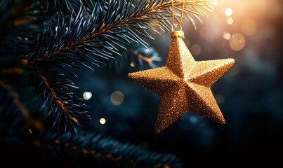 Golden glitter star ornament hanging from a festive christmas tree branch, with bokeh lights providing a warm, blurred background
