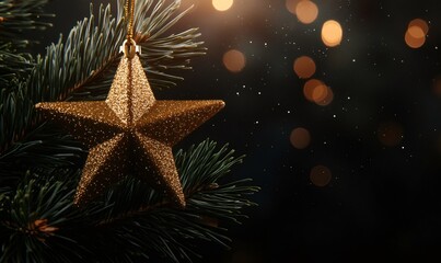 Festive golden star ornament sparkling on green pine branch with warm bokeh lights and falling snow background
