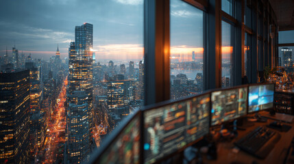 Stunning cityscape view from modern office with multiple computer screens, showcasing vibrant urban skyline at dusk