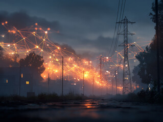 Digital network overlay with glowing lines and nodes illuminates dark urban landscape, blending technology with nature