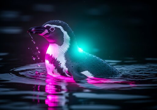 Cyberpunk penguin wading through dark water with neon reflections art