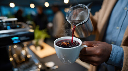 A hand carefully pours steaming liquid into a cup, capturing the essence of comfort and warmth, perfect for chilly moments and gatherings with loved ones.