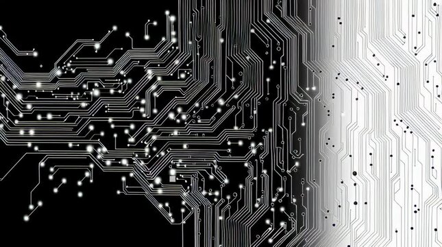 An abstract representation of a circuit board, with intricate lines and dots, split into two contrasting halves