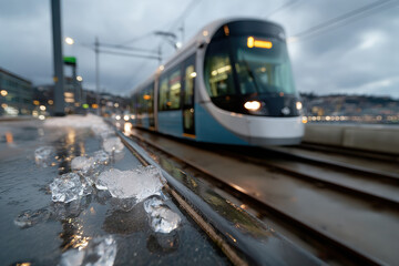 Fototapeta premium A modern tram glides through a snowy urban landscape, showcasing the charm of winter travel amidst icy surroundings and emphasizing the beauty of commuting in colder months.