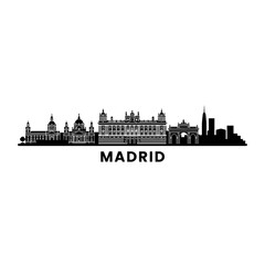 Obraz premium City skyline silhouette of Madrid with iconic buildings and text 