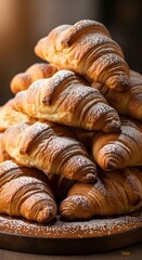 Pile of freshly baked croissants, a delightful breakfast pastry. Featuring golden, flaky texture and dusted with powdered sugar, perfect for culinary projects.