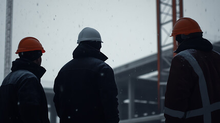 A trio of construction workers brave the winter snow, overseeing the project. Their silhouettes stand tall against the backdrop of towering scaffolding and a building.