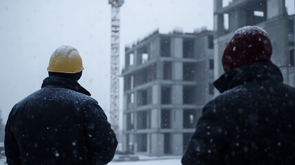 Construction workers brave the snowy conditions on a building site, their yellow and red headwear a stark contrast to the gray day. They stand amidst the falling snow.