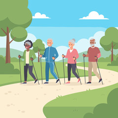 Group of elderly people walking with hiking poles in a park  