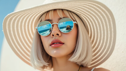 Stylish woman wearing wide brimmed hat and round sunglasses, reflecting beach scene. bright sunlight enhances her fashionable look and summer vibe