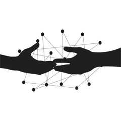 Silhouette Hands Connection Through Digital Network Nodes