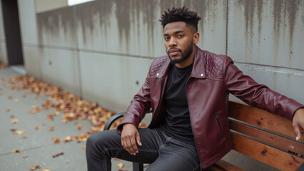 Stylish young man sitting bench, wearing maroon leather jacket and black shirt, surrounded by autumn leaves, exuding confidence and casual