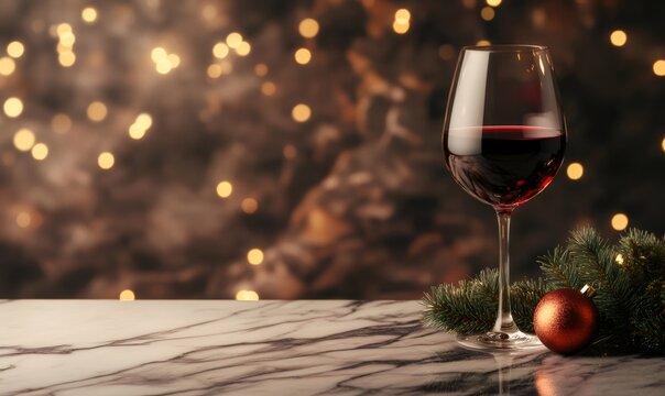 Red wine glass with festive christmas decor and bokeh lights creating a warm holiday celebration background