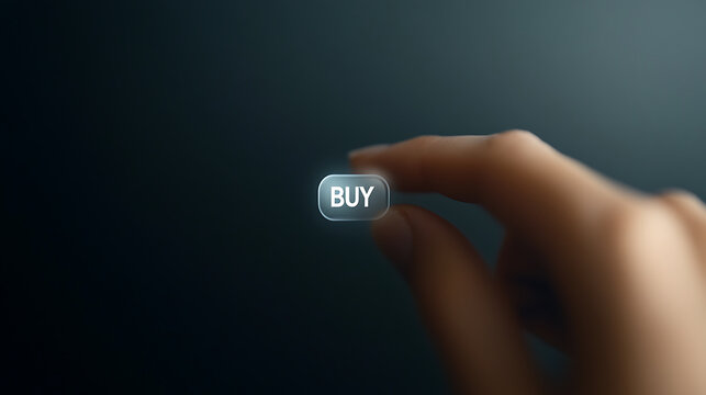 A finger hovers over a glowing "BUY" button against a dark backdrop. A symbol of online shopping, purchase decisions, and the ever-present call to consumer action.