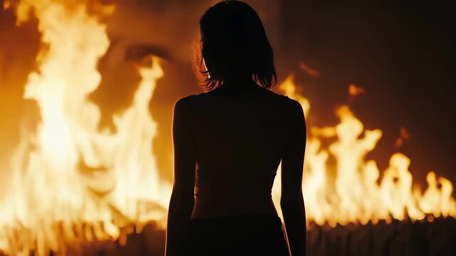 Silhouette of a woman standing before a raging fire, facing away from the viewer.