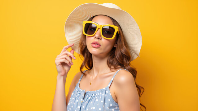 Stylish woman wearing yellow sunglasses and wide brimmed hat poses against vibrant yellow background, exuding confidence and summer vibes