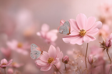 Butterflies on Pink Flowers in Spring. Butterflies resting on pink flowers in a dreamy pastel scene. Ideal for spring themes, nature-related designs, or floral decorations.