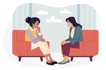 Two women sitting on chairs and talking. Psychotherapy session or psychological consultation. Mental health concept. Vector flat illiustration.