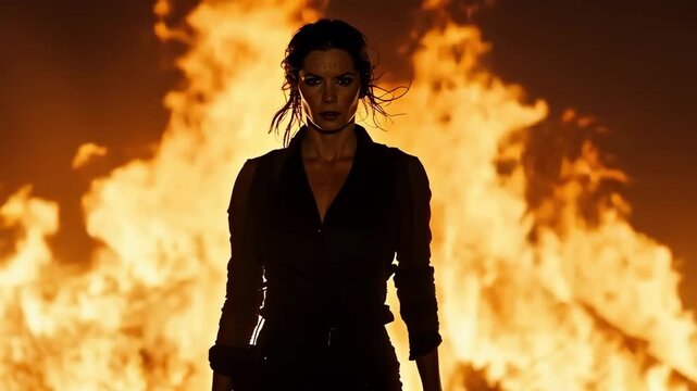 A strong woman stands against a backdrop of flames, exuding intensity.