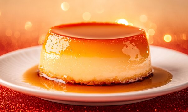 Creamy flan pudding on a white plate, coated with golden caramel sauce, creating a delicious and festive treat for celebration - Powered by Adobe